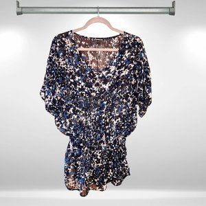 Express Black Floral V-neck Sheer Elastic Cinch Waist Short Sleeve Flowy Blouse